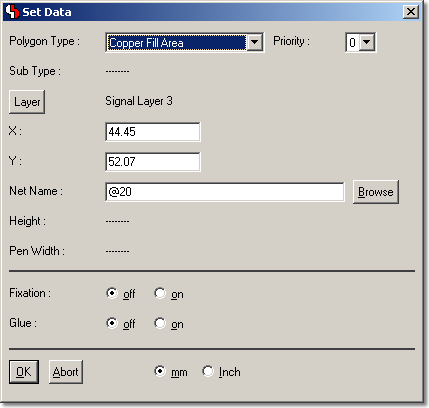 BAE Version 6.6: Layout Editor - Copper Fill Area: Element Manipulation Dialog