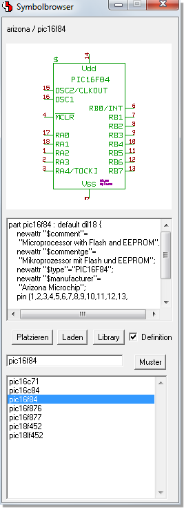 BAE Version 7.4: Schaltplaneditor: Symbolbrowser mit Loglib-Definitionsanzeige